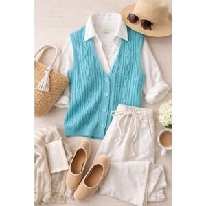 Orvis Cable Knit Sweater Vest Womens Large Aqua Blue Cotton Button Up Relaxed